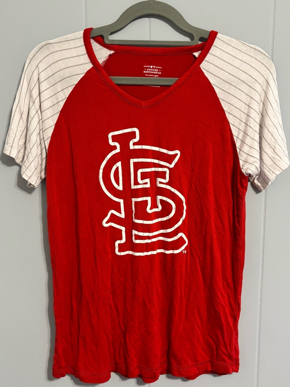 Genuine Merchandise Red Baseball Raglan Tee with White Striped Sleeves